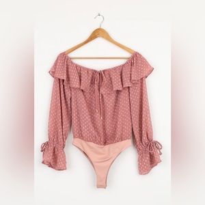 Lulus Feeling Flouncy Mauve Swiss Dot Ruffled Long Sleeve Bodysuit Size : XS